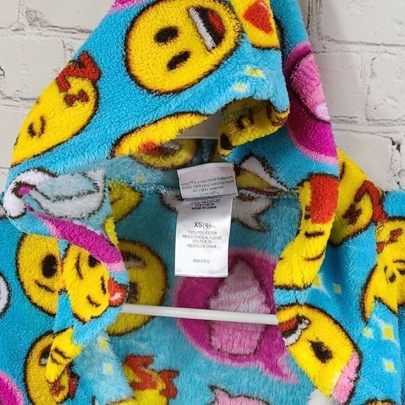 Emoji Plush Furry Fleece Blue Hooded Bathrobe Girls XS 4 Tie Robe Colorful Cute - Picture 3 of 10